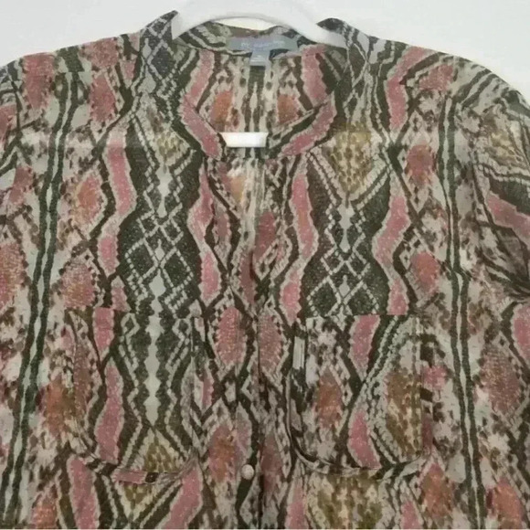 NY Collection Women’s Snakeskin Design Pink Brown Long Sleeve Sheer Button Up S - Picture 4 of 13